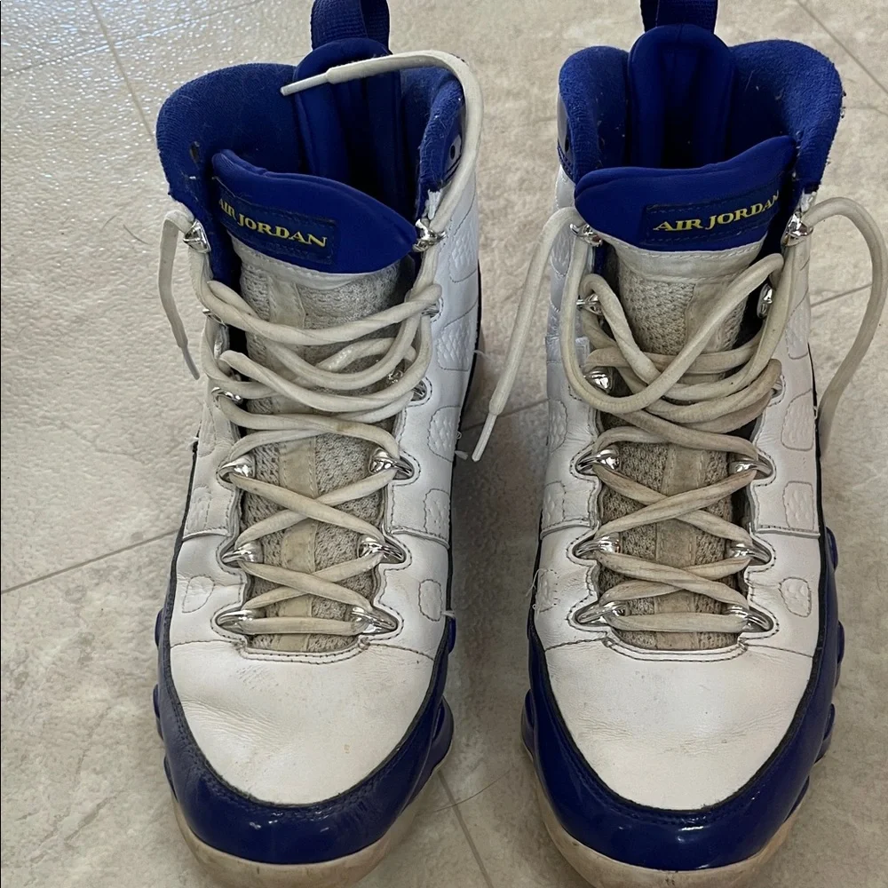 Men's Air Jordan 9 Retro White and Blue Sneakers with Yellow Accents 10